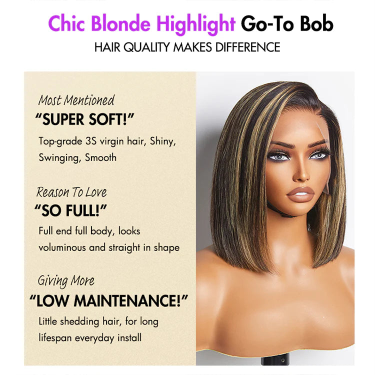 PreMax Wigs | Ombre Blonde Highlight Silky Straight Glueless Ear-to-ear Lace Bob Wig 100% Human Hair Pre-Cut Lace