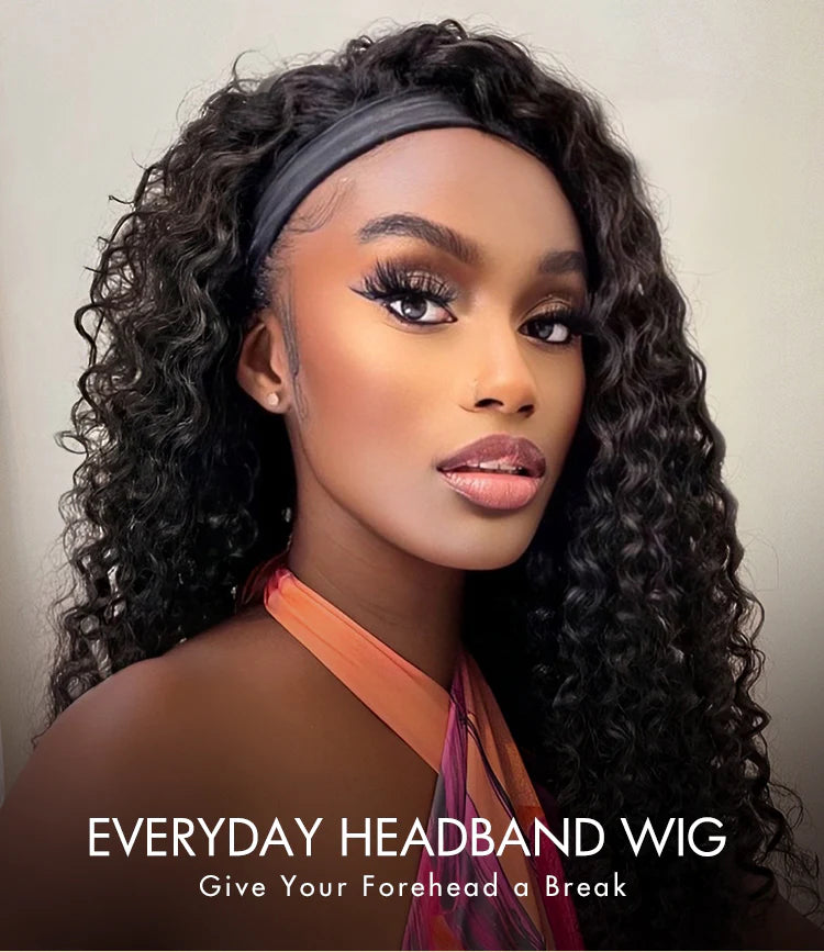 Natural Black Jerry Curly No Lace Glueless Free Part Long Headband Wig 100% Human Hair (Get Free Trendy Headbands)