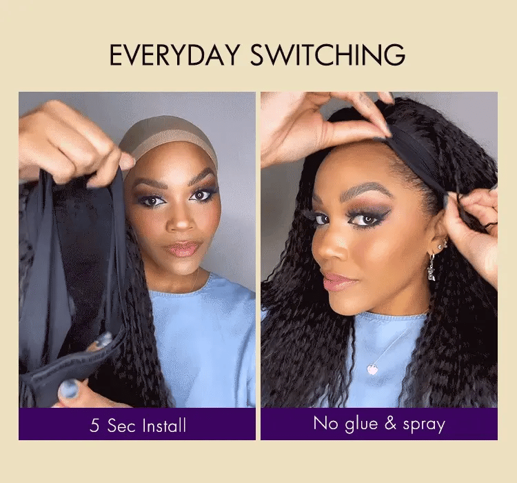 Natural Black Jerry Curly No Lace Glueless Free Part Long Headband Wig 100% Human Hair (Get Free Trendy Headbands)