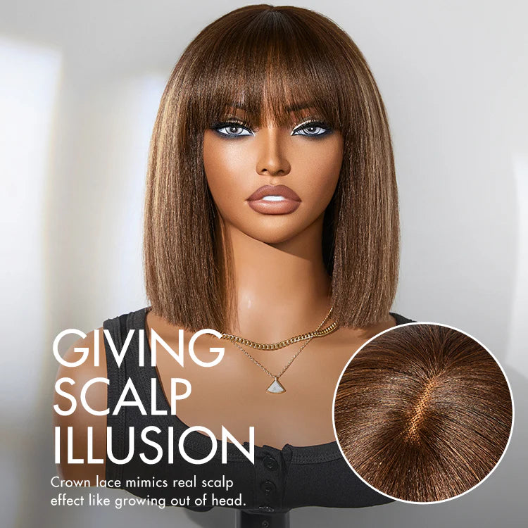 Yaki Blunt Cut Bob Wig with Bangs Glueless Minimalist Lace Short Wig Breathable Cap
