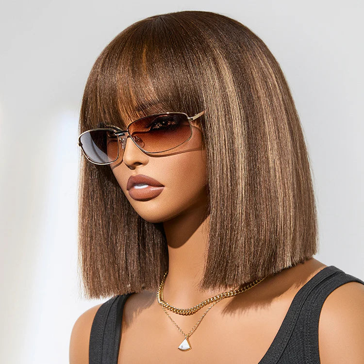 Yaki Blunt Cut Bob Wig with Bangs Glueless Minimalist Lace Short Wig Breathable Cap