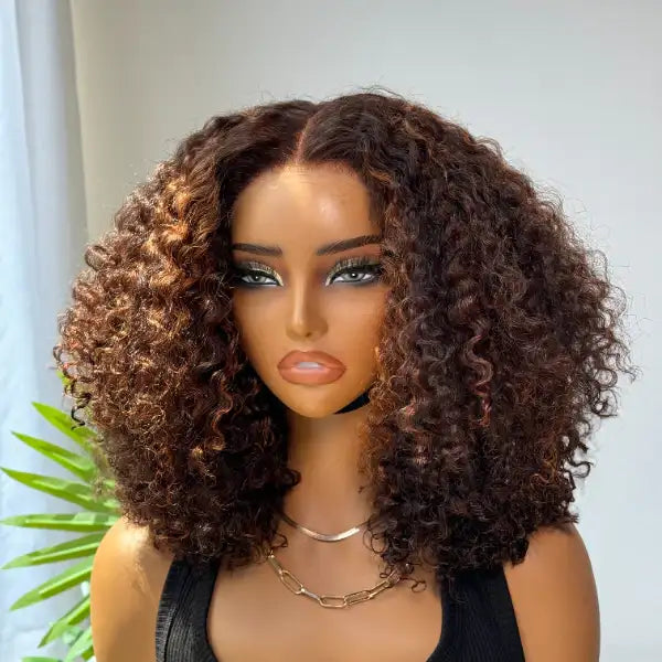 180% Density Copper Highlight Kinky Curly Glueless 5x5 Lace Closure Wig Pre-Cut Lace