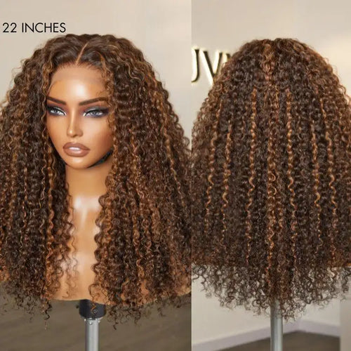 180% Density Copper Highlight Kinky Curly Glueless 5x5 Lace Closure Wig Pre-Cut Lace