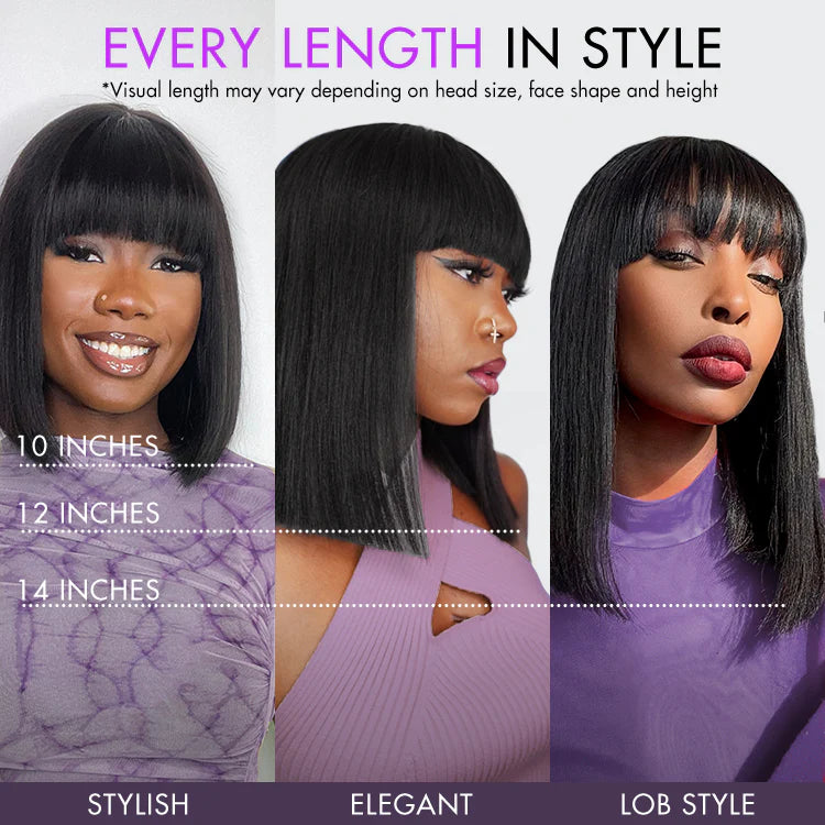Yaki Blunt Cut Bob Wig with Bangs Glueless Minimalist Lace Short Wig Breathable Cap