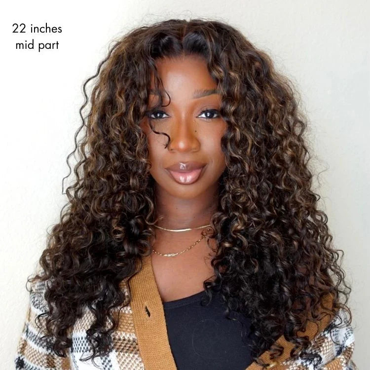 All-Day Comfort™ Wig PartingMax Brown Highlights Funmi Curly 7x6 Closure HD Lace Glueless Wig Pre Cut Lace