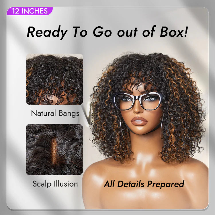 1 SEC INSTALL WIG |Wave Natural Scalp Glueless Minimalist Lace Short Curly Wig with Bangs