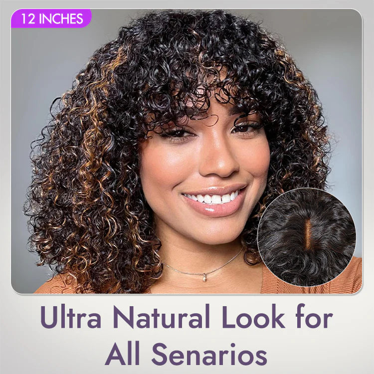1 SEC INSTALL WIG |Wave Natural Scalp Glueless Minimalist Lace Short Curly Wig with Bangs