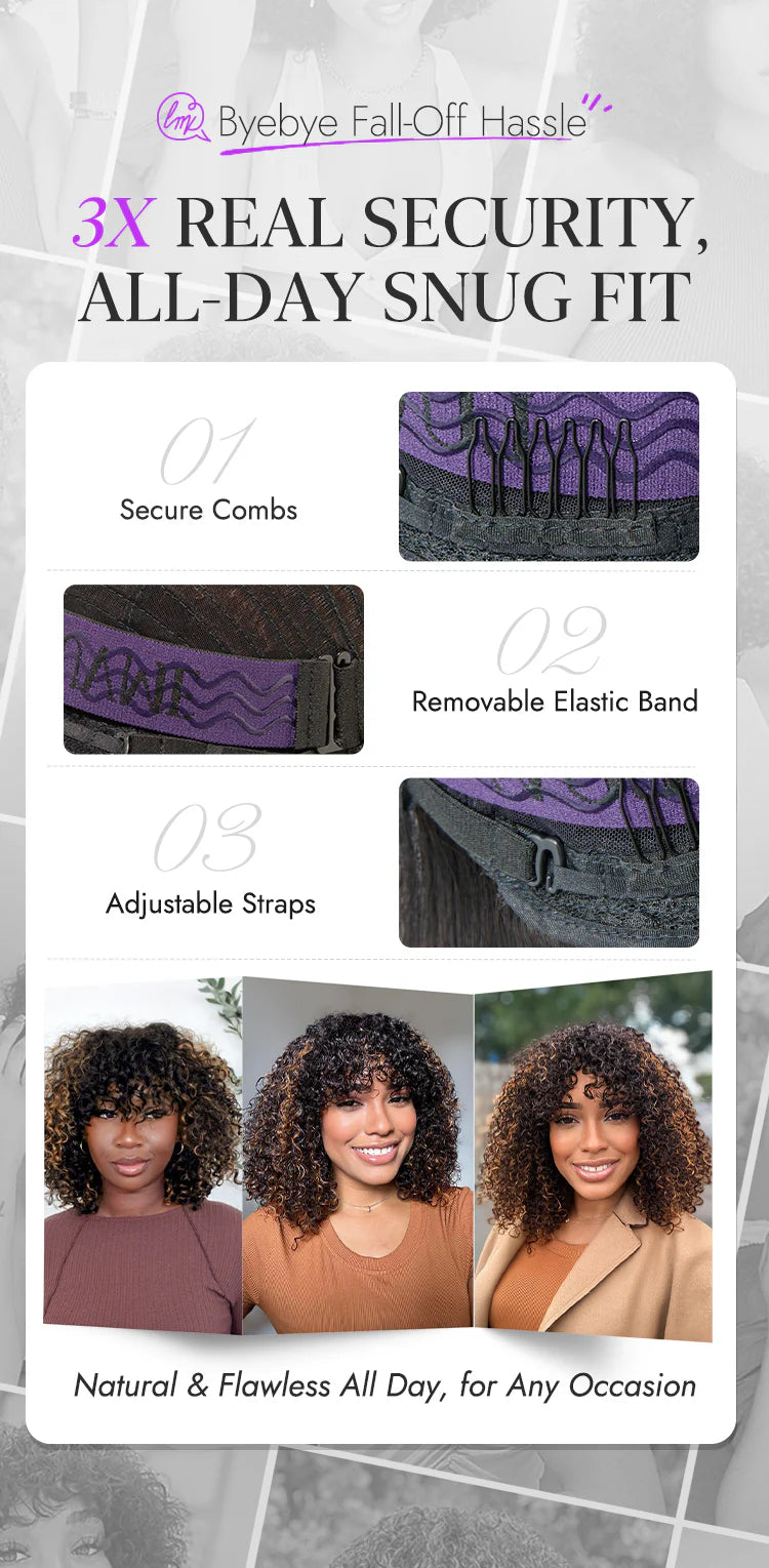 1 SEC INSTALL WIG |Wave Natural Scalp Glueless Minimalist Lace Short Curly Wig with Bangs