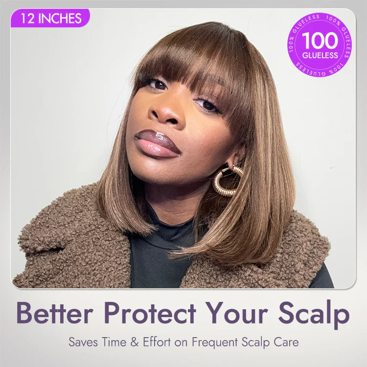 Yaki Blunt Cut Bob Wig with Bangs Glueless Minimalist Lace Short Wig Breathable Cap