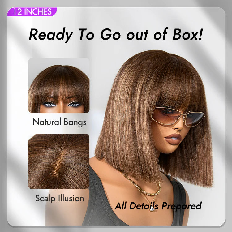 Yaki Blunt Cut Bob Wig with Bangs Glueless Minimalist Lace Short Wig Breathable Cap