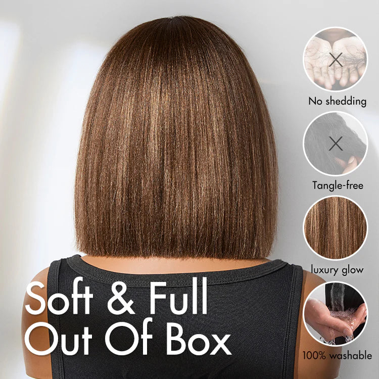 Yaki Blunt Cut Bob Wig with Bangs Glueless Minimalist Lace Short Wig Breathable Cap