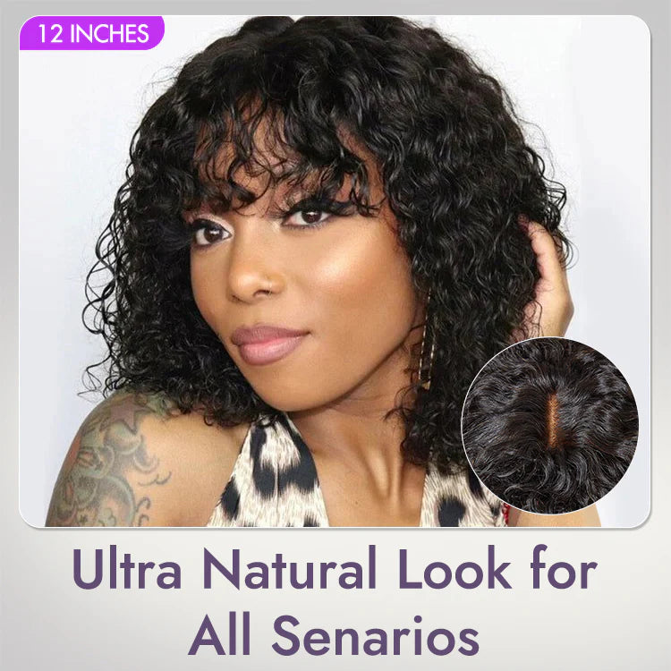1 SEC INSTALL WIG |Wave Natural Scalp Glueless Minimalist Lace Short Curly Wig with Bangs