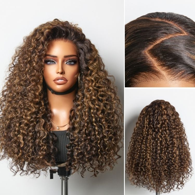 All-Day Comfort™ Wig PartingMax Brown Highlights Funmi Curly 7x6 Closure HD Lace Glueless Wig Pre Cut Lace