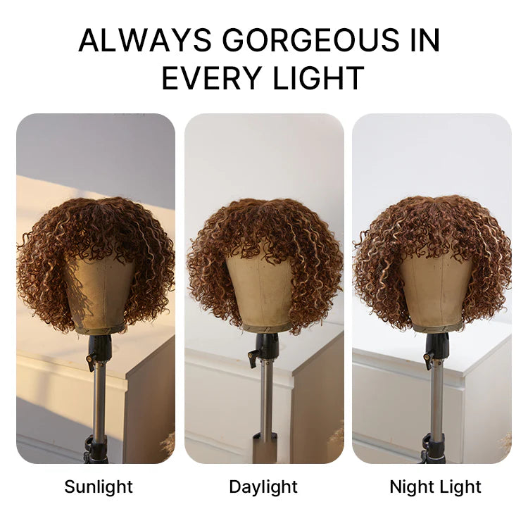 Beginner Friendly Ash Blonde Highlights Water Wave True Scalp Minimalist Lace Glueless Curly Wig with Bangs