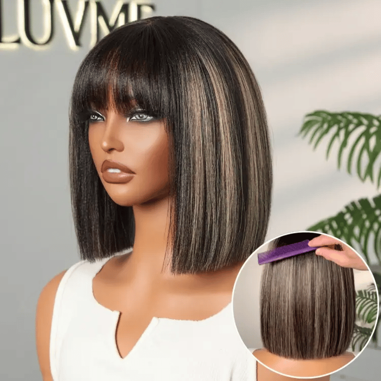 Yaki Blunt Cut Bob Wig with Bangs Glueless Minimalist Lace Short Wig Breathable Cap