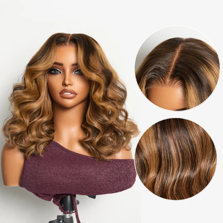 Sun-Kissed Warm Tone Brown with Blonde Highlights 180% Density Loose Wave Glueless 5x5 Closure Lace Wig Pre-Cut Lace