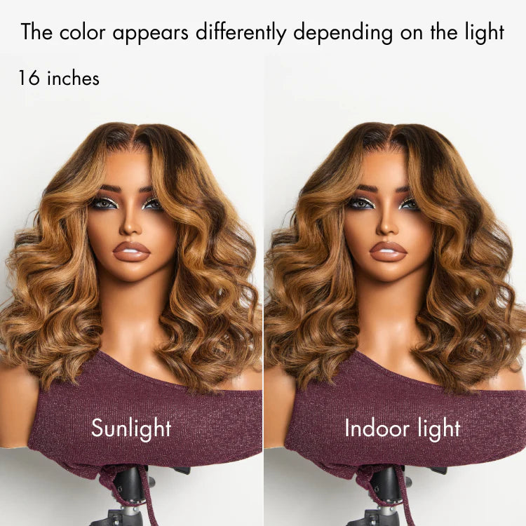 Sun-Kissed Warm Tone Brown with Blonde Highlights 180% Density Loose Wave Glueless 5x5 Closure Lace Wig Pre-Cut Lace