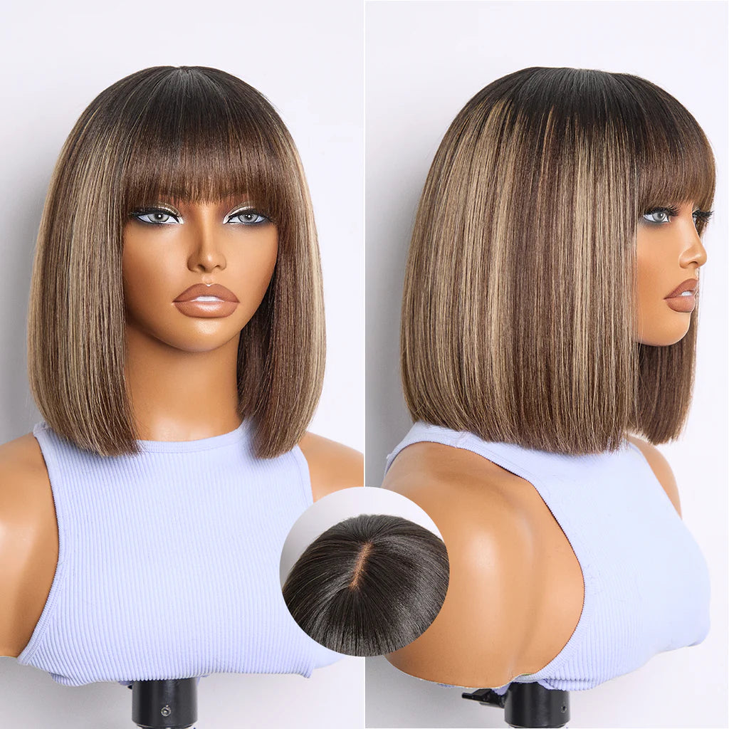 Yaki Blunt Cut Bob Wig with Bangs Glueless Minimalist Lace Short Wig Breathable Cap