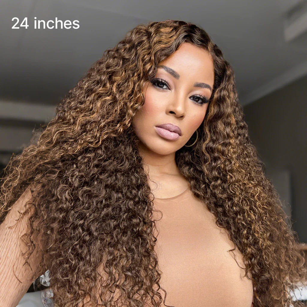 All-Day Comfort™ Wig PartingMax Brown Highlights Funmi Curly 7x6 Closure HD Lace Glueless Wig Pre Cut Lace
