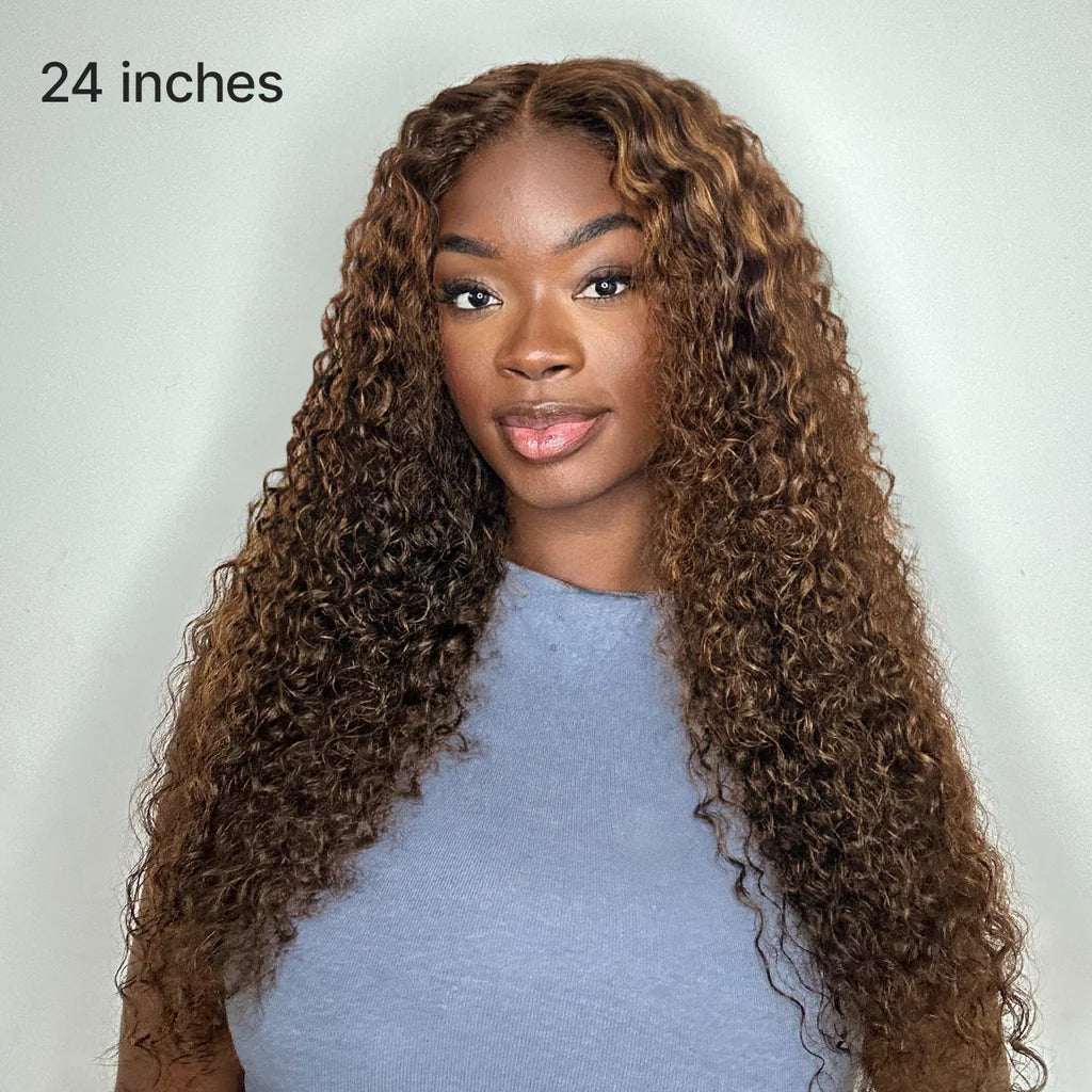 All-Day Comfort™ Wig PartingMax Brown Highlights Funmi Curly 7x6 Closure HD Lace Glueless Wig Pre Cut Lace