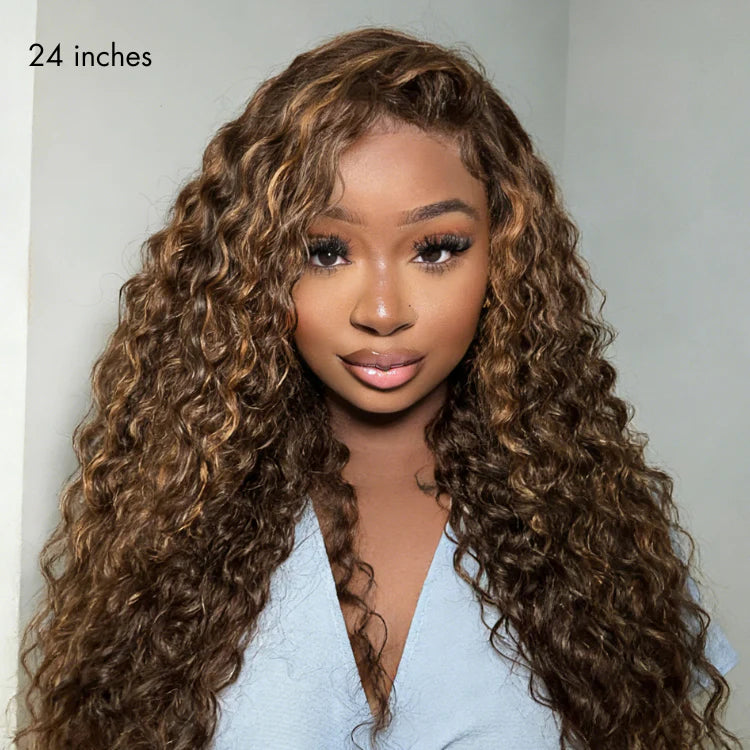 All-Day Comfort™ Wig PartingMax Brown Highlights Funmi Curly 7x6 Closure HD Lace Glueless Wig Pre Cut Lace