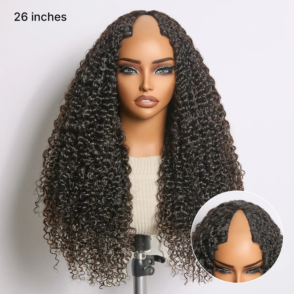 True Scalp Burmese Curly V Part Glueless Human Hair Wig Flexi-Fit Drawstring